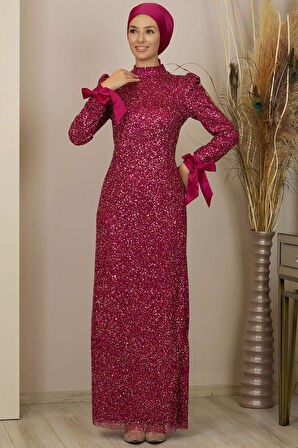 Kollari Fiyonklu Pul Payetli Sultan Tesettür Abiye Fuşya