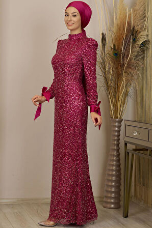 Kollari Fiyonklu Pul Payetli Sultan Tesettür Abiye Fuşya
