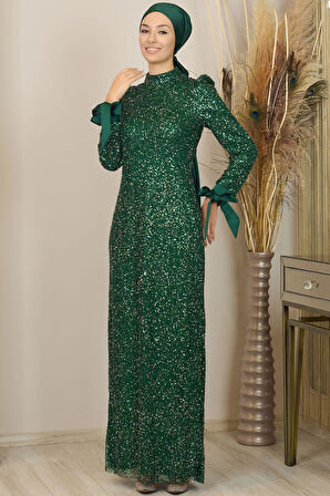 Kollari Fiyonklu Pul Payetli Sultan Tesettür Abiye Zümrüt