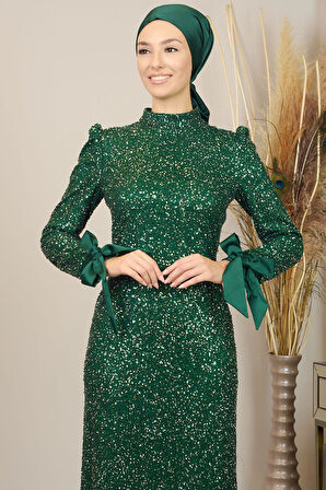 Kollari Fiyonklu Pul Payetli Sultan Tesettür Abiye Zümrüt