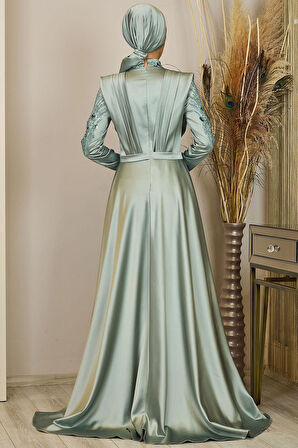 Önü Drapeli Kuyruklu Boncuk İşlemeli Miranda Tesettür Abiye Çağla Yeşili