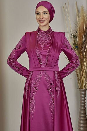 Önü Drapeli Kuyruklu Boncuk İşlemeli Miranda Tesettür Abiye Fuşya