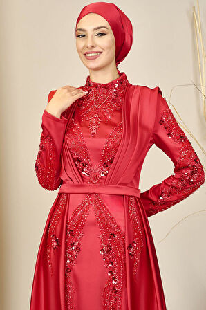 Önü Drapeli Kuyruklu Boncuk İşlemeli Miranda Tesettür Abiye Kırmızı