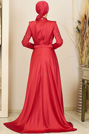 Önü Drapeli Kuyruklu Boncuk İşlemeli Miranda Tesettür Abiye Kırmızı