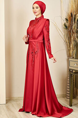 Önü Drapeli Kuyruklu Boncuk İşlemeli Miranda Tesettür Abiye Kırmızı