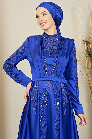 Önü Drapeli Kuyruklu Boncuk İşlemeli Miranda Tesettür Abiye Saks