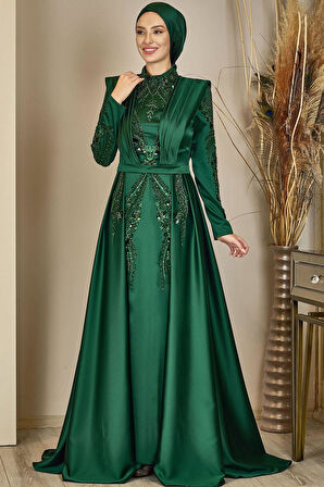 Önü Drapeli Kuyruklu Boncuk İşlemeli Miranda Tesettür Abiye Zümrüt