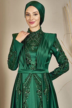 Önü Drapeli Kuyruklu Boncuk İşlemeli Miranda Tesettür Abiye Zümrüt