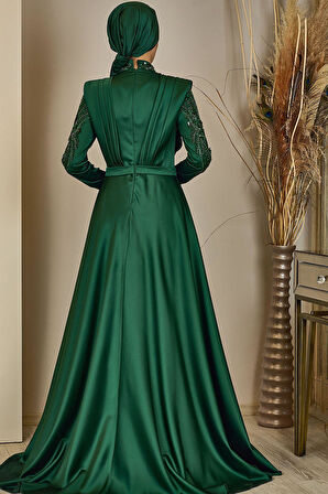 Önü Drapeli Kuyruklu Boncuk İşlemeli Miranda Tesettür Abiye Zümrüt