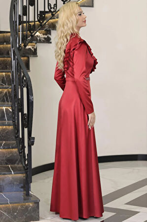 Ada Saten Taşlı Tesettür Abiye Bordo