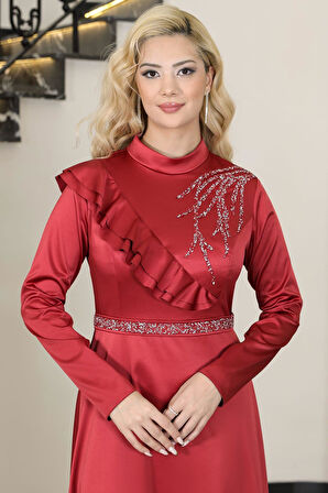 Ada Saten Taşlı Tesettür Abiye Bordo