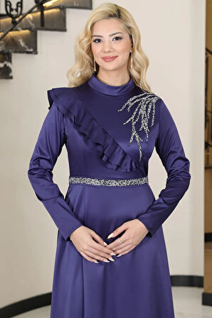 Ada Saten Taşlı Tesettür Abiye Lacivert