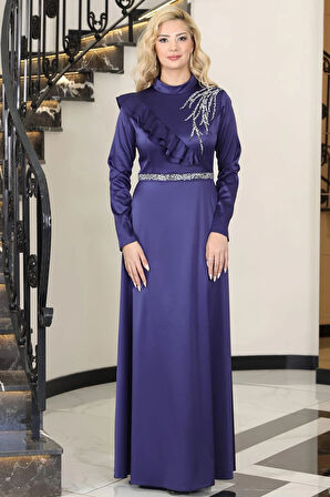 Ada Saten Taşlı Tesettür Abiye Lacivert