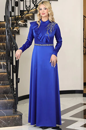 Ada Saten Taşlı Tesettür Abiye Saks