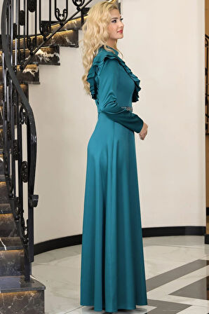 Ada Saten Taşlı Tesettür Abiye Yeşil