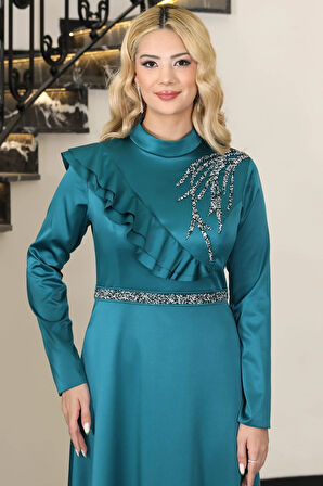 Ada Saten Taşlı Tesettür Abiye Yeşil