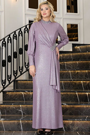 Açelya Sarkaçlı Taşlı Tesettür Abiye Lavanta