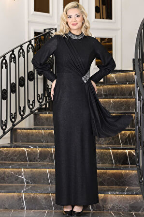 Açelya Sarkaçlı Taşlı Tesettür Abiye Siyah