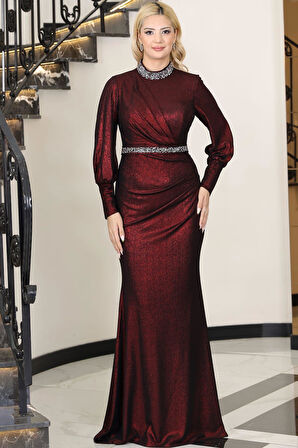 Hürrem Kuyruklu Taşlı Tesettür Abiye Bordo