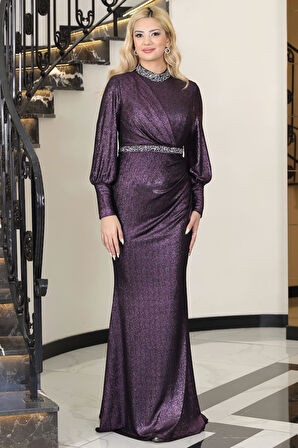 Hürrem Kuyruklu Taşlı Tesettür Abiye Mor