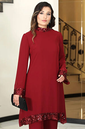 Umay Şifon Tunik Pantolon İkili Tesettür Takım Bordo