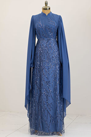 Kolları Pelerinli Ezgi Tesettür Abiye İndigo