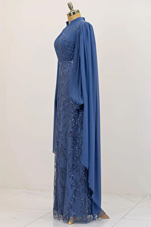 Kolları Pelerinli Ezgi Tesettür Abiye İndigo