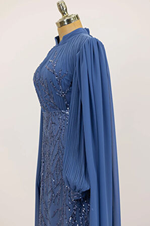 Kolları Pelerinli Ezgi Tesettür Abiye İndigo