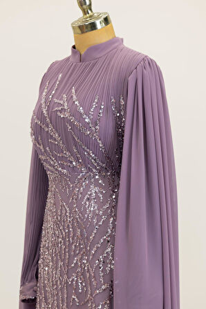 Kolları Pelerinli Ezgi Tesettür Abiye Lila