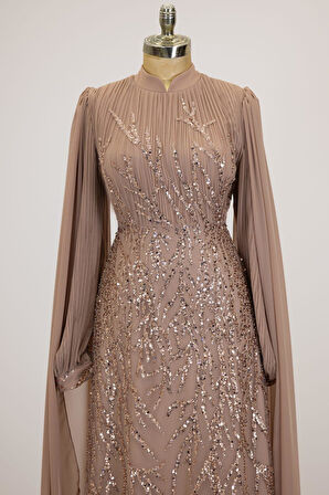 Kolları Pelerinli Ezgi Tesettür Abiye Vizon