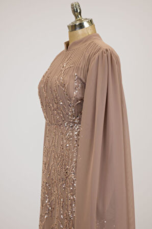 Kolları Pelerinli Ezgi Tesettür Abiye Vizon