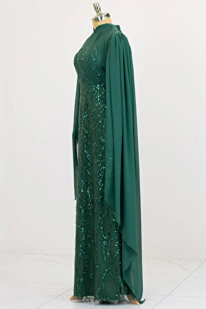 Kolları Pelerinli Ezgi Tesettür Abiye Zümrüt