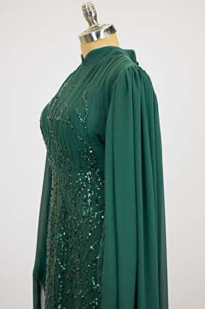 Kolları Pelerinli Ezgi Tesettür Abiye Zümrüt