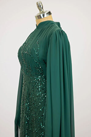 Kolları Pelerinli Ezgi Tesettür Abiye Zümrüt