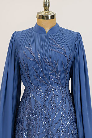 Kolları Pelerinli Ezgi Tesettür Abiye İndigo