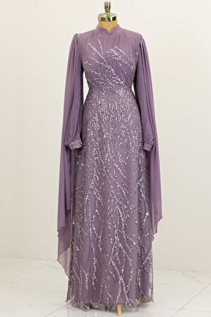 Kolları Pelerinli Ezgi Tesettür Abiye Lila