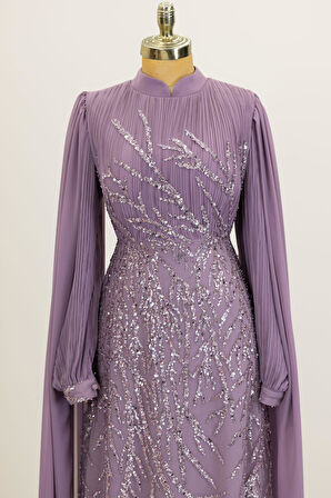 Kolları Pelerinli Ezgi Tesettür Abiye Lila