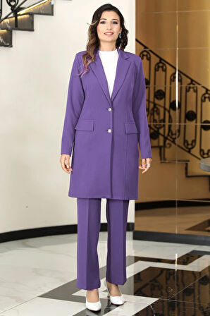 Parla Uzun Ceket Pantolon İkili Tesettür Takım Lavanta