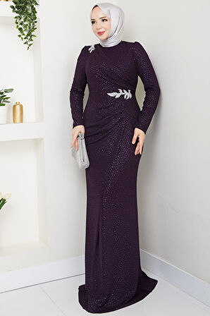 Puantiye Desenli Hayal Tesettür Abiye Mürdüm