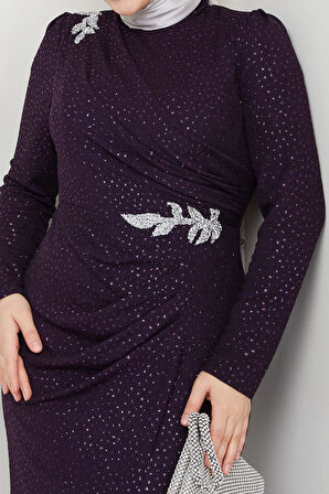 Puantiye Desenli Hayal Tesettür Abiye Mürdüm