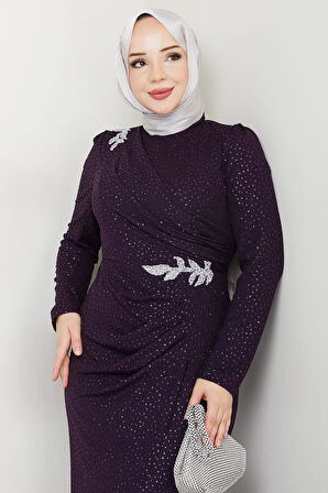 Puantiye Desenli Hayal Tesettür Abiye Mürdüm