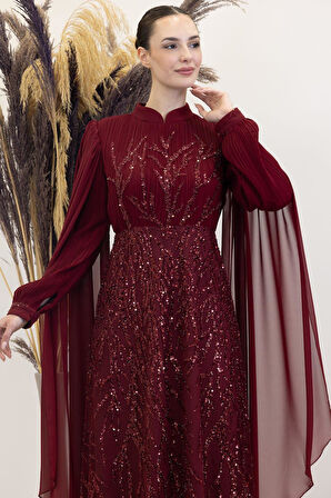 Kolları Pelerinli Ezgi Tesettür Abiye Bordo