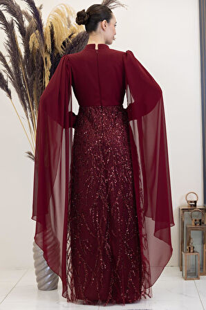 Kolları Pelerinli Ezgi Tesettür Abiye Bordo