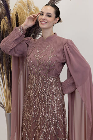 Kolları Pelerinli Ezgi Tesettür Abiye Gül Kurusu