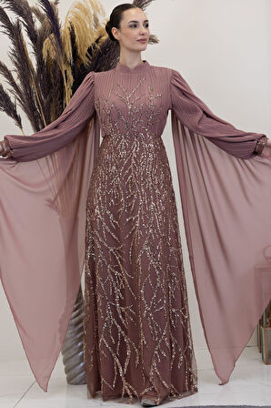 Kolları Pelerinli Ezgi Tesettür Abiye Gül Kurusu