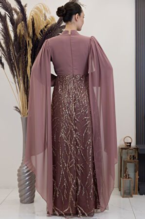 Kolları Pelerinli Ezgi Tesettür Abiye Gül Kurusu