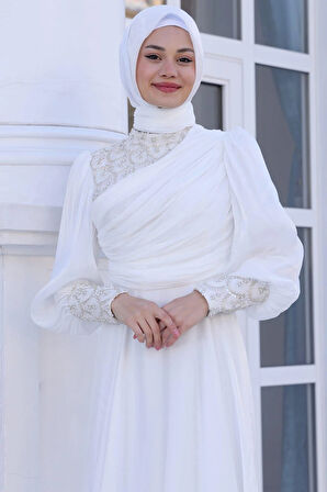 Bahar Tesettür Abiye Ekru