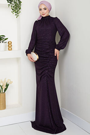 Puantiye Desenli Rüya Tesettür Abiye Mürdüm