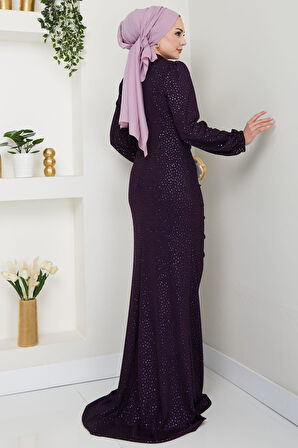 Puantiye Desenli Rüya Tesettür Abiye Mürdüm