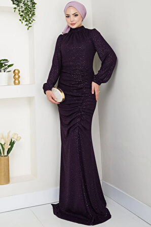 Puantiye Desenli Rüya Tesettür Abiye Mürdüm